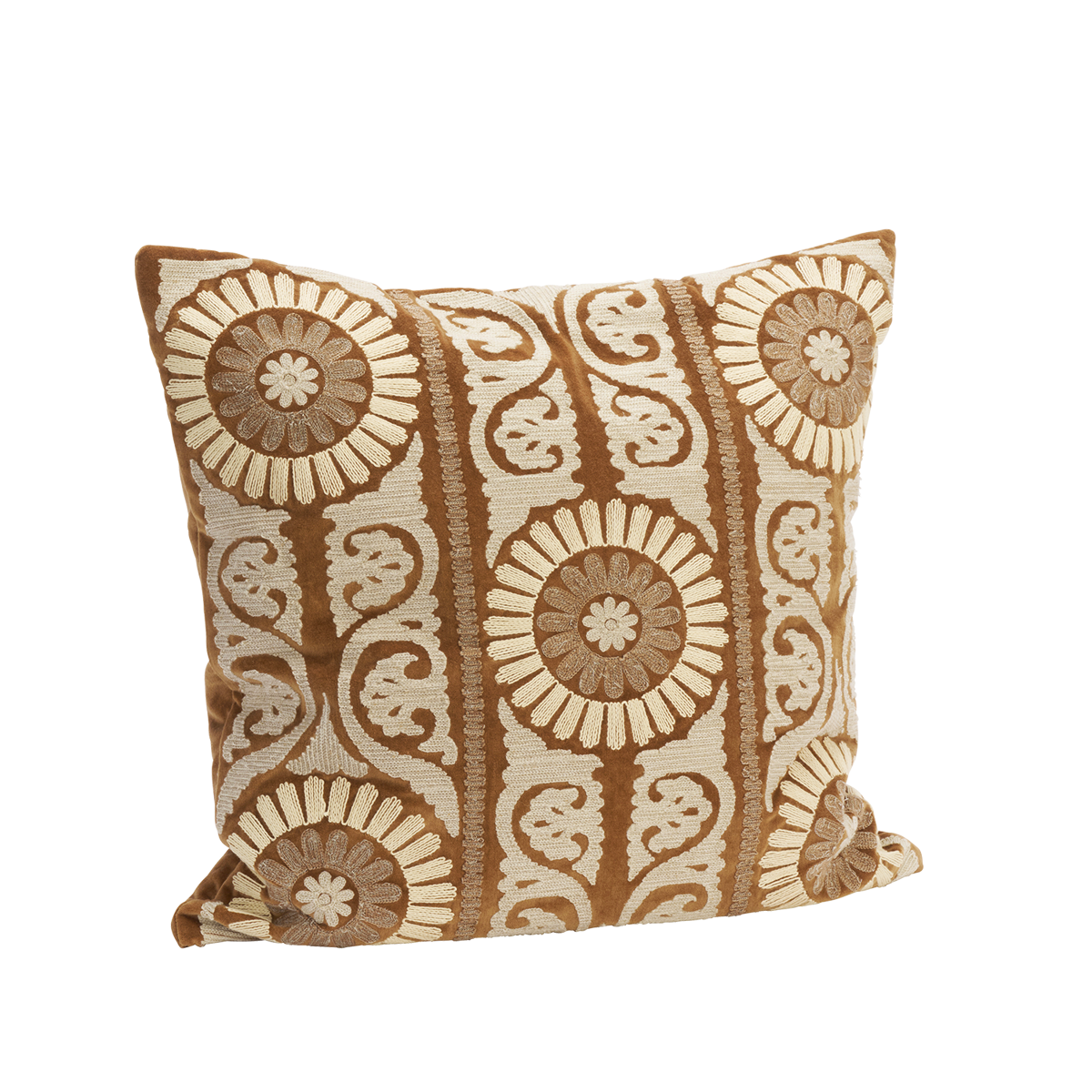 Housse de coussin Suzani en velours brodé – Caramel, stone, greige, off white