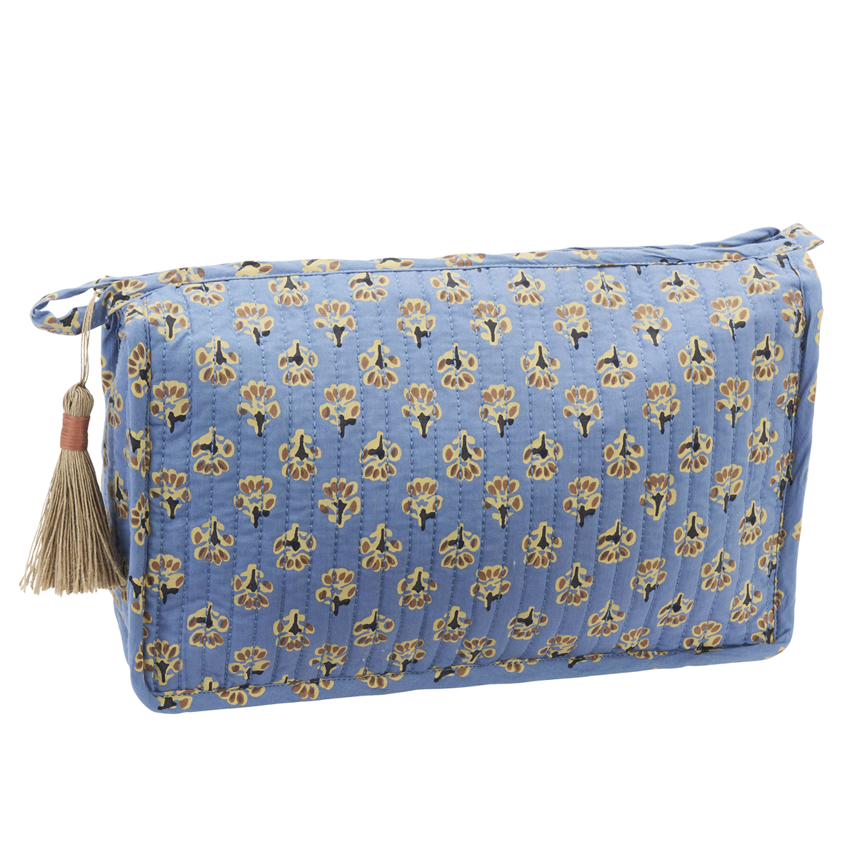 Trousse de toilette matelassée en coton – Dusty blue, ecru, caramel, black