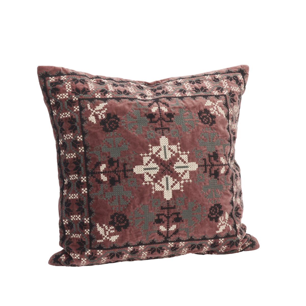 Housse de coussin en velours brodé – Maroon, off white, black, petrol