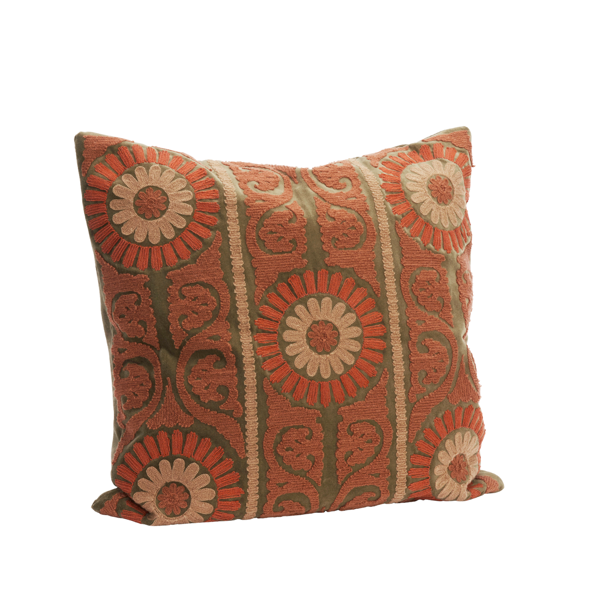 Housse de coussin Suzani en velours brodé – Khaki, dusty rose, orange, beige