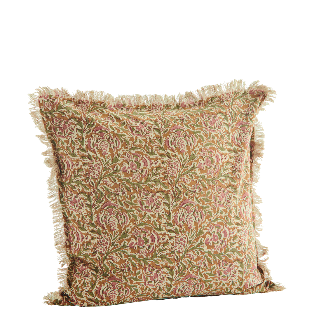 Housse de coussin imprimée à franges – miel, rose et vert